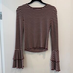 Burgundy & White Striped Ruffle-Sleeve Long Sleeve Top